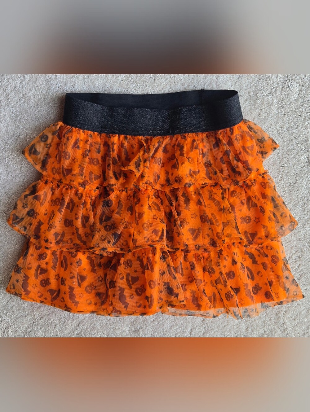 Orange Halloween Print Tiered Skirt with Black Waistband
